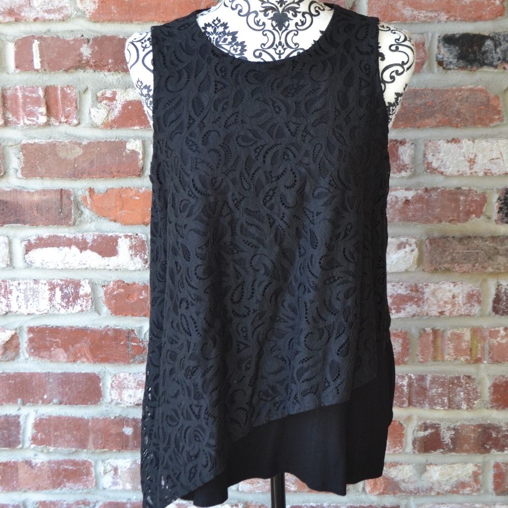 Black sleeveless top with lace swing overlay
